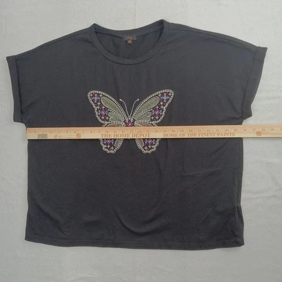 OnTwelfth Womens Short Sleeve Black Sequin Butterfly Top Boho Y2K Tee - 2X - Picture 6 of 11